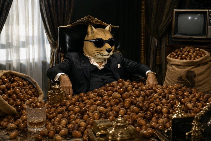 A surreal image of a cat wearing dark sunglasses and a business suit sitting in an ornate chair, surrounded by piles of chestnuts, with an old television and burlap sack visible in the background.