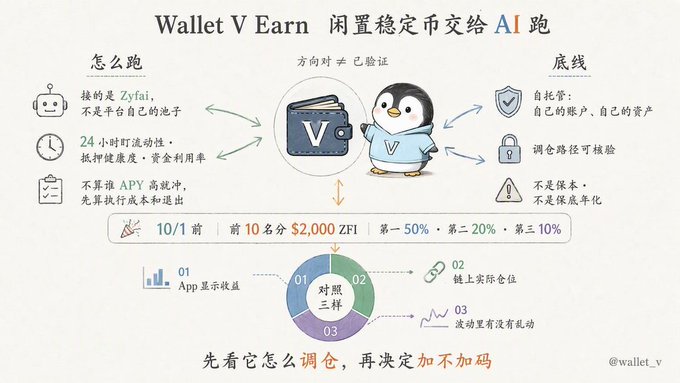 An infographic titled 'Wallet V Earn' (in Chinese and English) explaining a cryptocurrency earning strategy involving Zyfai, featuring a penguin mascot wearing a wallet.
