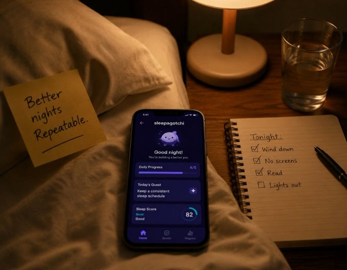 A nighttime phone screen showing a 'sleepagotchi' app with 'Good night! You're building a better you.', a sleep score of 82, beside a handwritten to-do list and a sticky note reading 'Better nights. Repeatable.'