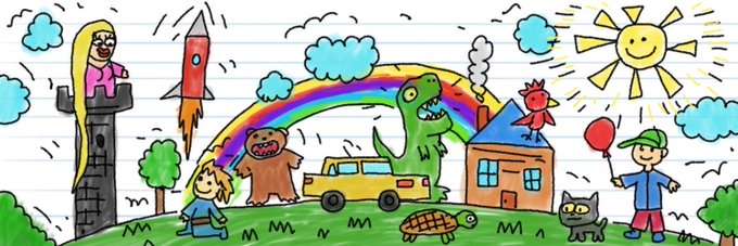 A whimsical doodle-style illustration shows a colorful scene featuring a princess on a castle tower, a rocket, a rainbow, a Yeti monster, a yellow truck, a house with a dragon, a smiling sun, a turtle, a cat, and two children with a balloon, all drawn on lined notebook paper. The playful, kid-friendly artwork complements the promotional post for a story-themed giveaway by @KidStoryHood, reinforcing a fun, childlike creative vibe suited to a children's content account.