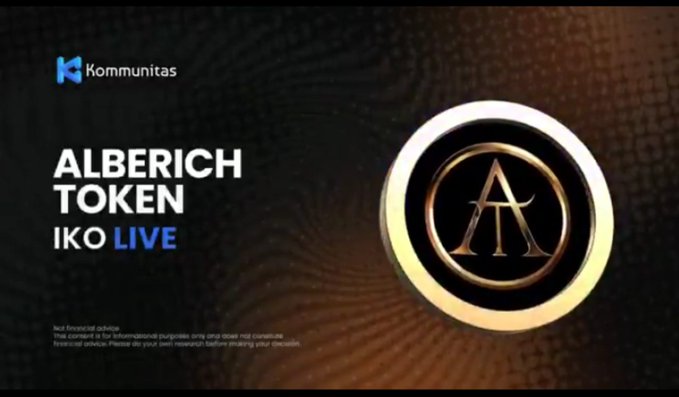 Promotional graphic for 'Kommunitas' announcing 'ALBERICH TOKEN IKO LIVE' next to a gold and black coin logo bearing the letter 'A'.