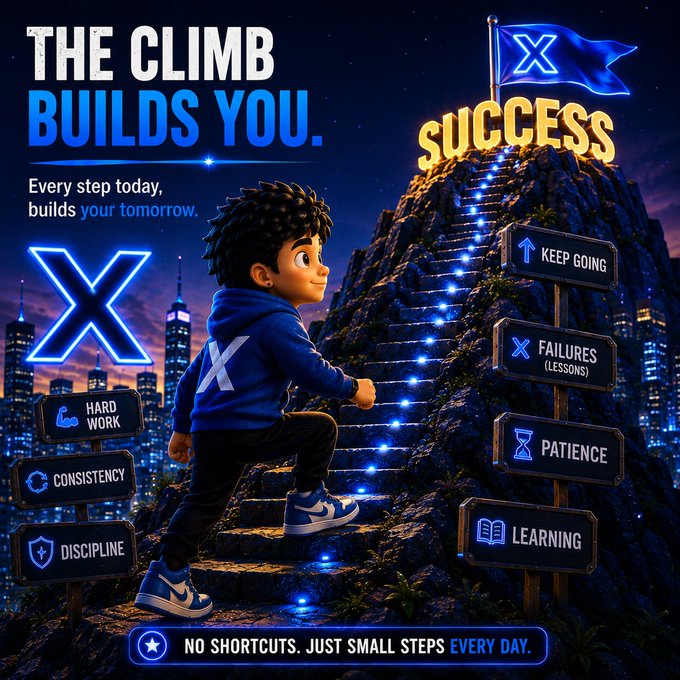 A stylized illustration shows a determined character climbing glowing stone stairs up a mountain toward a "SUCCESS" flag, with signs labeled "HARD WORK," "CONSISTENCY," "DISCIPLINE," "FAILURES (LESSONS)," "PATIENCE," and "LEARNING" lining the path, and the text "THE CLIMB BUILDS YOU. Every step today, builds your tomorrow. NO SHORTCUTS. JUST SMALL STEPS EVERY DAY." reinforcing the post's message that success comes from steady, incremental effort rather than a single breakthrough.