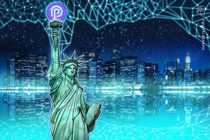 The image features a statue of the Statue of Liberty holding a torch aloft above her head with a computer-generated image depicting the city skyline at night behind her, symbolizing the power of technology. The backdrop of this scene includes stars and the moon illuminating the sky as well as text related to cryptocurrency trading, specifically Bitcoin, on the right side of the image.