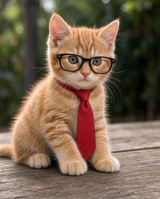 An orange tabby kitten sits on a wooden surface wearing black-framed glasses and a red necktie, with green foliage blurred in the background.