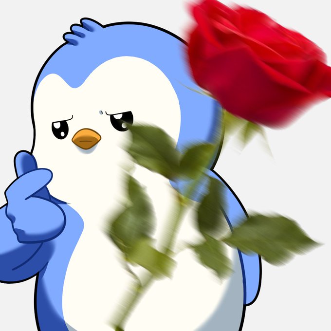 A cartoon blue and white penguin with a sad expression stands next to a blurred red rose held in the foreground