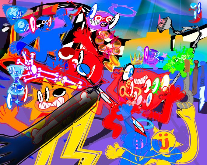 A chaotic, colorful cartoon illustration featuring numerous expressive characters, abstract shapes, and bright neon colors in a graffiti-like style.