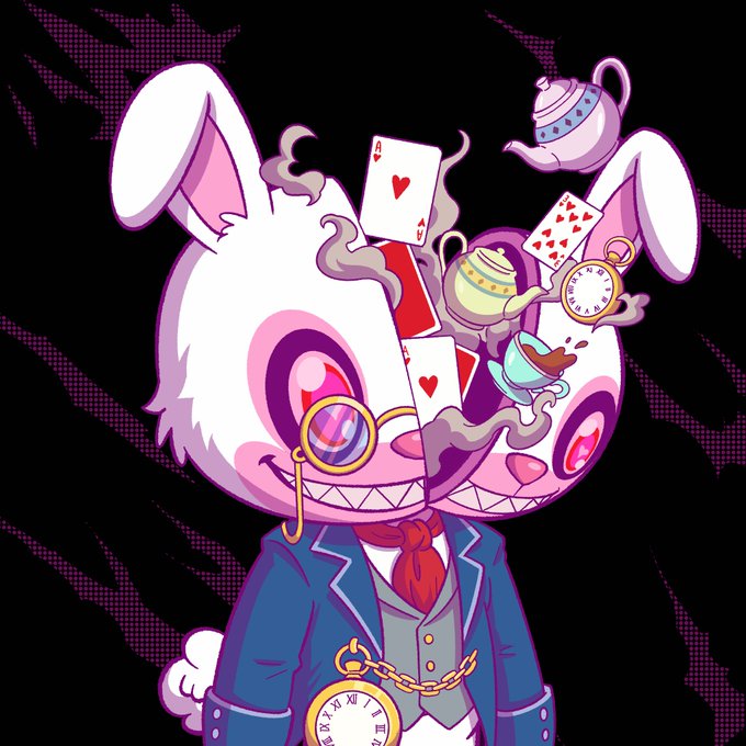 A stylized cartoon illustration of a white rabbit-headed character wearing a blue suit and red tie, with playing cards, a teapot, teacup, and pocket watch emerging from its split head.