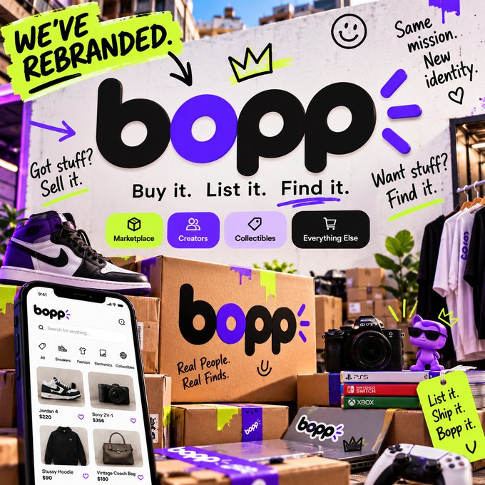 A promotional graphic for 'bopp' announcing a rebrand with the tagline 'Buy it. List it. Find it.' featuring categories like Marketplace, Creators, and Collectibles, alongside sneakers, cameras, and gaming consoles.