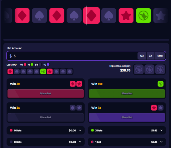 A user is betting $5 on a Roobet dice-style game, selecting positions like diamonds, spades, and a green star, with options to win multipliers ranging from 2x to 14x and a Triple Roo Jackpot of $38.76. The image illustrates the user's confession about their habit of picking visually appealing positions rather than strategic ones in games like Keno and Roulette.