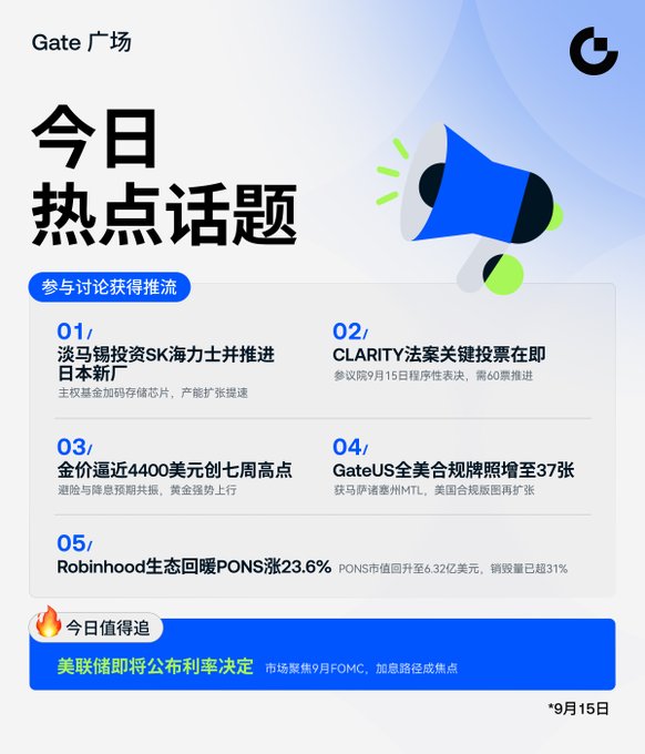 A Chinese-language Gate.io (Gate 广场) trending topics graphic for September 15th, listing news items about SK Hynix, CLARITY法案, gold prices, GateUS licenses, and Robinhood's PONS token surge of 23.6%.