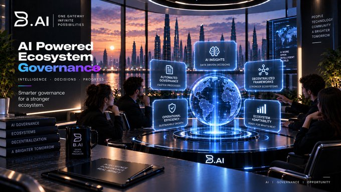 A promotional image for B.AI showcasing 'AI Powered Ecosystem Governance' with features including AI Insights, Automated Governance, Decentralized Frameworks, Operational Efficiency, and Ecosystem Adaptability, set against a futuristic cityscape backdrop.