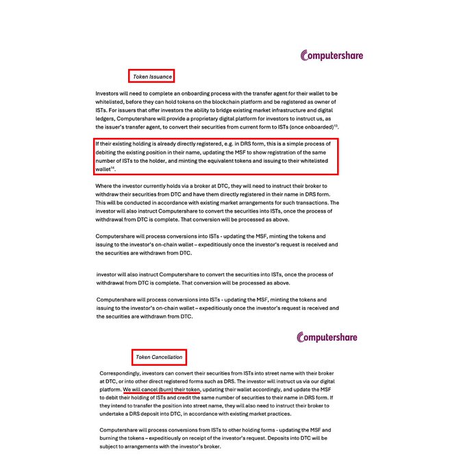 A Computershare document with red boxes highlighting sections titled "Token Issuance," "If their existing holding is already directly registered...," and "Token Cancellation."