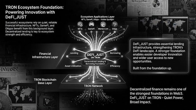 An infographic titled 'TRON Ecosystem Foundation: Powering Innovation with DeFi_JUST' illustrating a layered architecture from the TRON Blockchain Base Layer through the Financial Infrastructure Layer to the Ecosystem Applications Layer, highlighting DeFi_JUST on TRON as a decentralized lending and borrowing foundation.