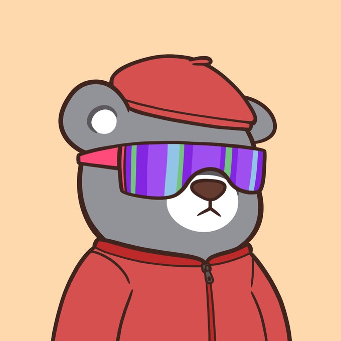 A cartoon illustration of a gray teddy bear wearing a red beret, red hoodie, and colorful striped ski goggles against a peach background.