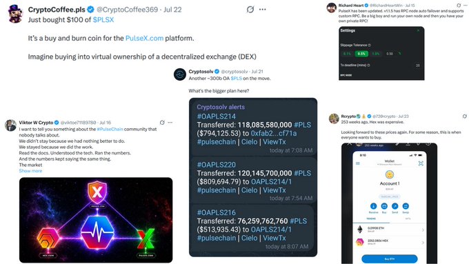 A collage of various tweets from crypto community members discussing PulseChain token ($PLS) transactions, buy-and-burn mechanics, and price predictions, referencing the upcoming live stream about PulseChain activity.