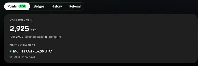 A dark-themed app interface displays a 'Points' dashboard showing '2,925 PTS' balance, a next settlement date of 'Mon 26 Oct · 16:00 UTC', and tabs for Badges, History, and Referral.