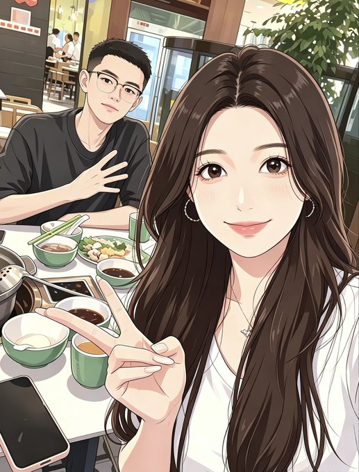An anime-style illustration of a smiling woman making a peace sign in the foreground with a man sitting at a restaurant table behind her.