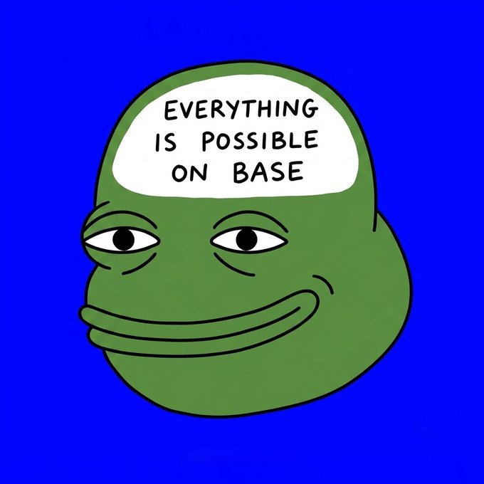 A green Pepe the Frog meme character on a blue background with the text 'EVERYTHING IS POSSIBLE ON BASE' on its forehead.