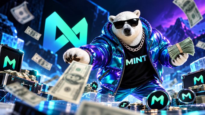 A promotional image showing a polar bear wearing sunglasses, a gold chain, and a shiny blue jacket holding a stack of cash, with the 'M' MINT logo prominently displayed in a futuristic neon blue setting.
