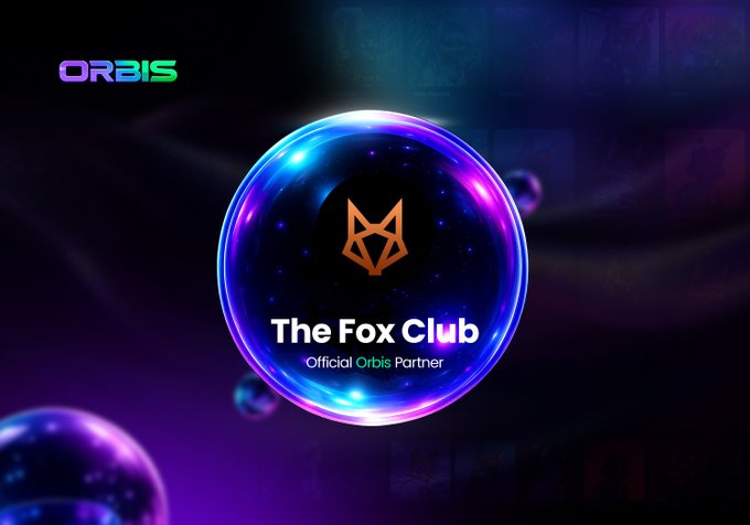 A digital graphic displays a glowing blue orb with a fox-like logo in the center, labeled 'The Fox Club' as an 'Official Orbis Partner' with 'ORBIS' branding in the top left.