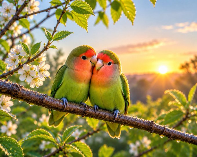 A vibrant, colorful image of two green and pink lovebirds perched closely together on a tree branch surrounded by white blossoms at sunset.