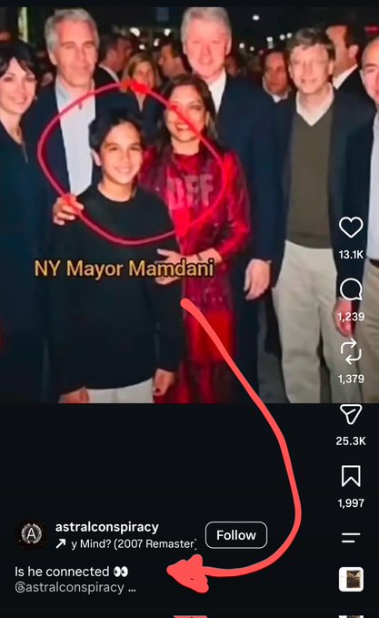 A screenshot of an Instagram post by 'astralconspiracy' with a red circle and arrow highlighting a young person labeled 'NY Mayor Mamdani,' with 25.3K likes.