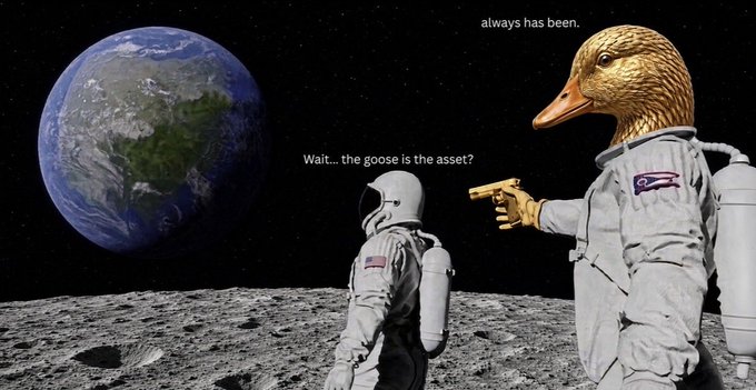 A meme combining a scene from the movie Interstellar with a golden goose-headed astronaut pointing a gun at another astronaut, with text reading "Wait...the goose is the asset?" and "always has been."