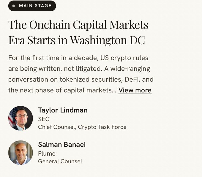 The image shows a screenshot of an article titled "The Onchain Capital Markets Era Starts In Washington DC", which is displayed as part of a main stage advertisement for cryptocurrency trading. Below this article, there are two images of people, one with sunglasses on top and the other without. These images are described to represent different experts in the field. The text accompanying the images includes the names of these experts: Taylor Lindman and SEC Chief Counsel, Plume, General Counsel, and a description of their role or position within the company.