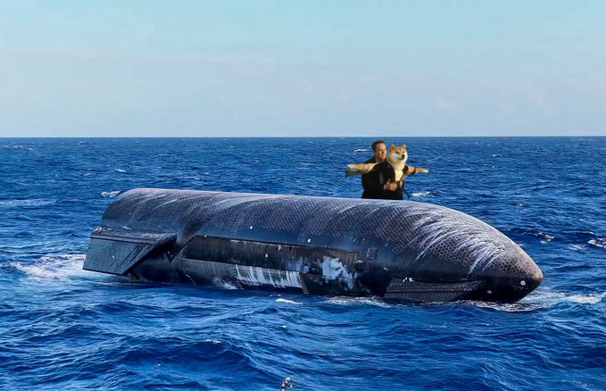 A digitally edited image showing a person and a dog standing on the back of a capsizing, rusted submarine in the middle of the ocean, parodying the Titanic pose.