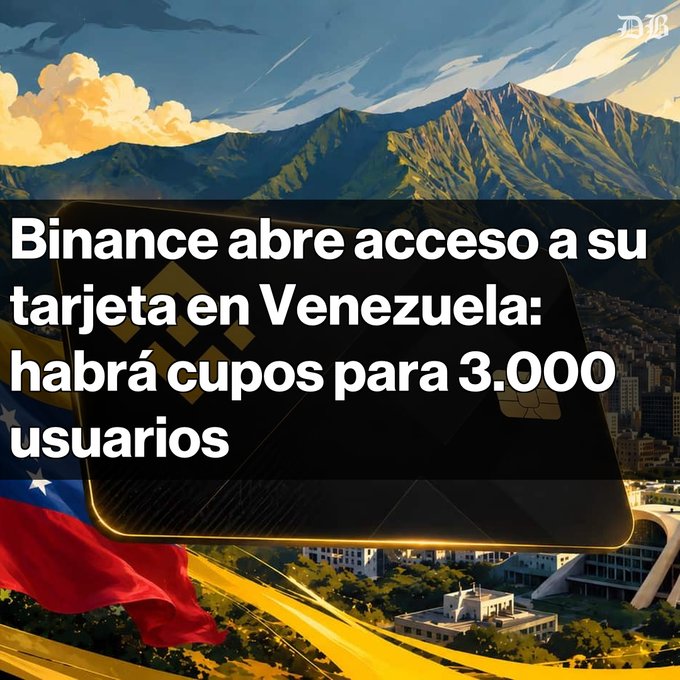 A Spanish-language news graphic reading 'Binance abre acceso a su tarjeta en Venezuela: habrá cupos para 3.000 usuarios' overlaid on a scenic image of mountains, a city, and a Venezuelan flag with a crypto card.