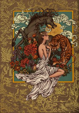 An Art Nouveau-style illustration featuring a woman draped in flowing white cloth surrounded by a dragon, tiger, and red flowers, set against ornate gold-patterned borders. The post contrasts digital art on the Ethereum (ETH) blockchain versus the Tezos (XTZ) blockchain, with the artwork representing the kind of NFT-style collectible central to that debate.