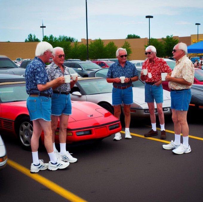 Five older men with white hair and sunglasses, dressed in matching denim shorts, white tube socks, sneakers, and colorful Hawaiian shirts, gather around a red Corvette sports car in a parking lot, each holding a styrofoam cup. The image humorously illustrates the post's caption, "POV: Gold investors vibing," by portraying a group of retirees enjoying a casual, carefree car meet-up with their classic sports car.