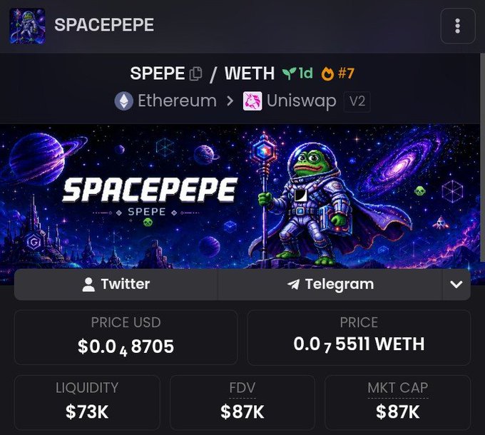 A screenshot of the SPACEPEPE ($SPEPE) token page on a crypto tracker, showing the SPEPE/WETH pair on Ethereum Uniswap V2, with a price around $0.048 and market cap of approximately $87K.