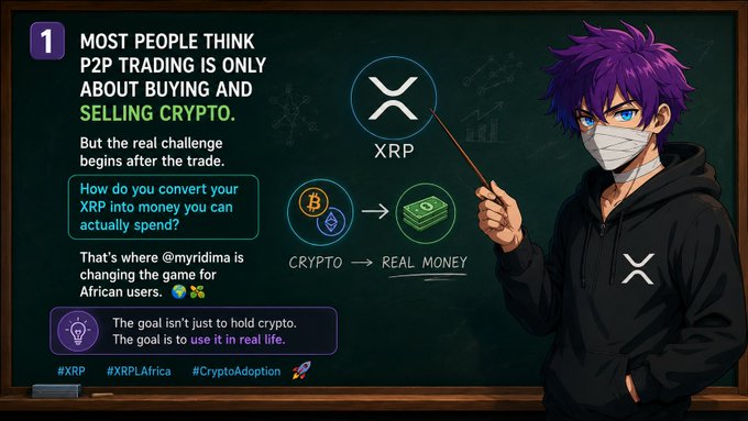 The image features a cartoon character, possibly a boy or a girl, wearing a black hoodie with an XRP symbol on it. The character appears to be teaching someone about cryptocurrency trading using a chalkboard as their medium of communication. The text in the image includes information about P2P trading and how to convert XRP into real money for spending.