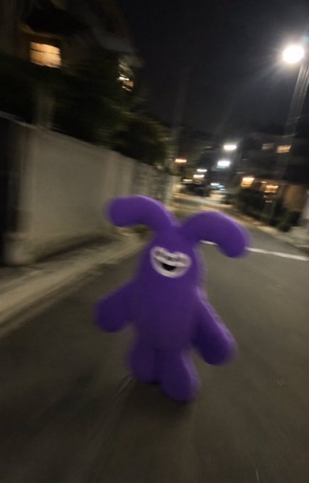 A blurry nighttime photo of a purple plush toy with bunny-like ears and a smiling face, held up on a dimly lit street with houses in the background.