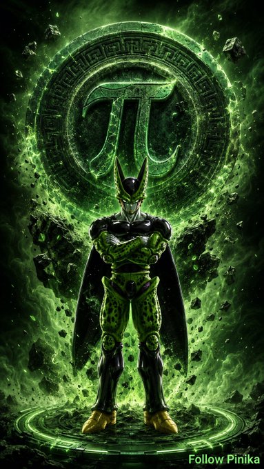 An illustration of the anime character Perfect Cell with a pi (π) symbol in a green cosmic background, credited to Follow Pinika.