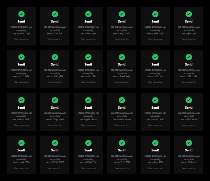 A grid of 24 Robinhood transaction confirmation screens, each showing a green checkmark and 'Sent!' status for 500,000 $NIKEBULL vapor transactions sent to various crypto wallet addresses.