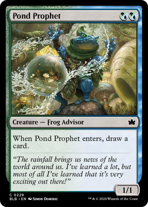 A Magic: The Gathering card titled "Pond Prophet" (1/1, Frog Advisor, mana cost {U}{U}) shows a blue frog holding a water sphere with a goldfish inside, with text reading "When Pond Prophet enters, draw a card" and flavor text about the rainfall bringing news of the world. The card, illustrated by Simon Dominic and set BLB-EN 0229, fits the "FROG SZN PROPHECY" theme perfectly with its fortune-telling frog shaman and card-drawing "prophecy" ability.