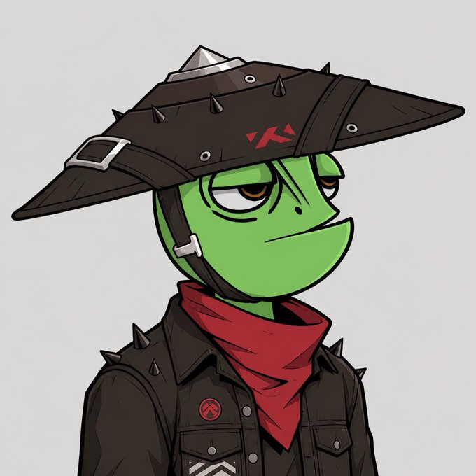 A green reptilian character with a bored expression wears a wide-brimmed black spiked hat and a black studded jacket with a red bandana, featuring a red "K" logo on the hat and a matching emblem on the jacket—likely a peep from the @peepsnfts collection being celebrated for the 1/1 rarity in the post.