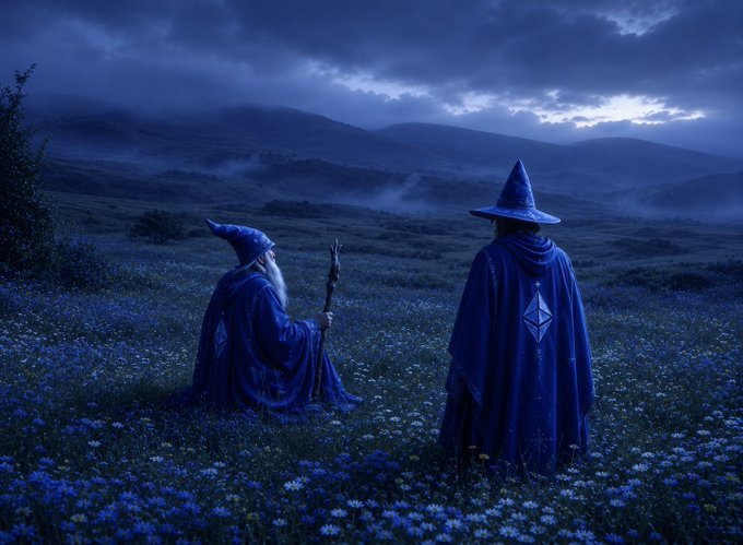 Two figures in blue robes and wizard hats stand in a field of flowers beneath a dark, cloudy sky.