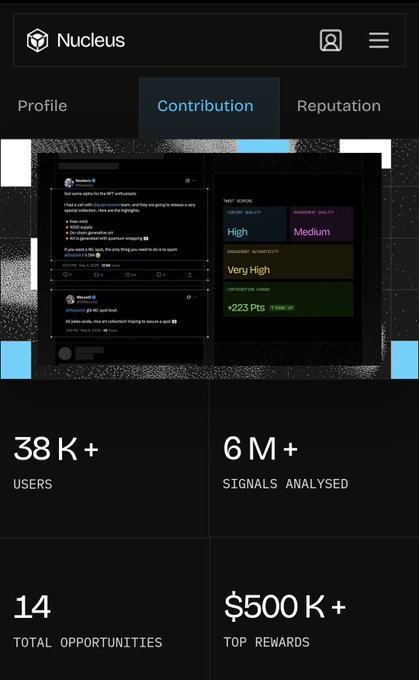 A mobile app screenshot for 'Nucleus' shows a 'Contribution' tab with a sample post interface and statistics including '38K+ USERS', '6M+ SIGNALS ANALYSED', '14 TOTAL OPPORTUNITIES', and '$500K+ TOP REWARDS'.