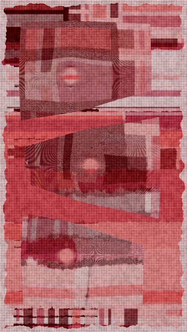 An abstract artwork featuring layered, translucent red and pink rectangular shapes with a textured, fabric-like pattern.