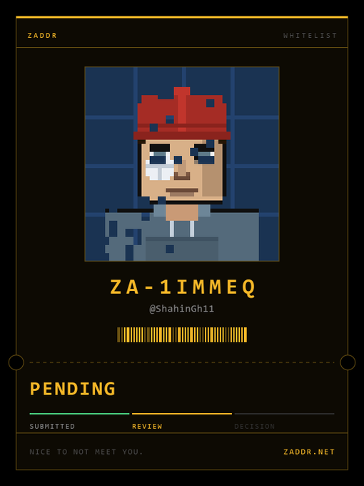 A pixel art character with a red hat and crying eye is displayed on a 'ZADDR' whitelist card with the ID 'ZA-1IMMEQ' and a 'PENDING' review status.