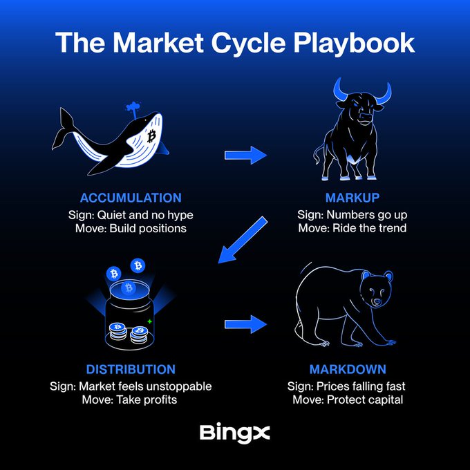 The image, titled "The Market Cycle Playbook" by BingX, illustrates the four phases of market cycles using animal metaphors: Accumulation (whale, "Quiet and no hype, Build positions"), Markup (bull, "Numbers go up, Ride the trend"), Distribution (stacked coins, "Market feels unstoppable, Take profits"), and Markdown (bear, "Prices falling fast, Protect capital"). This visual reinforces the post's message that while market cycles don't repeat exactly, they follow recognizable patterns—"rhyming" through the same bull and bear phases time and again.