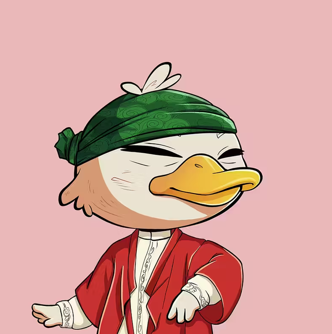 The image features a cartoon duck wearing a green bandana, standing against a pink background with its arms outstretched. The duck appears to be smiling or laughing, giving off a cheerful vibe. There are no texts present in the image, so we can only see what is depicted on the surface of the image itself.