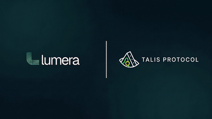 A dark promotional graphic displaying the logos 'lumera' on the left and 'TALIS PROTOCOL' on the right, separated by a vertical line.