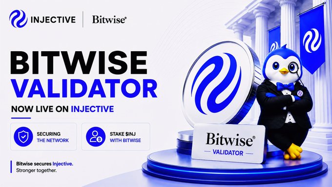 A promotional graphic for 'BITWISE VALIDATOR NOW LIVE ON INJECTIVE' featuring a penguin mascot in a tuxedo standing beside the Injective logo.