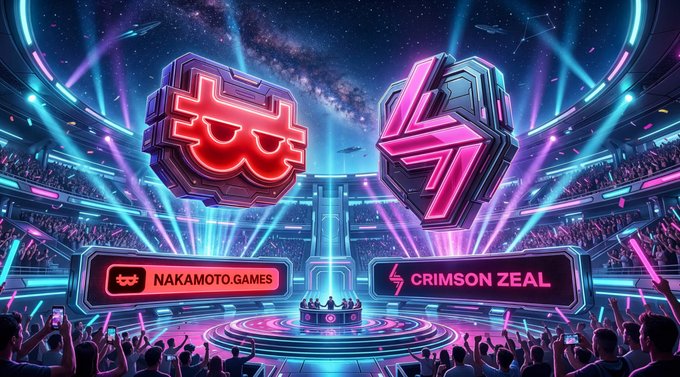 The image features a large crowd of people gathered around two stages, one with neon lights and the other with a red and black logo. The stage with the red and black logo has a sign that reads "Crimson Zeal". The audience is holding up their hands in support or excitement for the game being played at this event. The image also includes text that says "2  Nakamoto Games x Crimson ZealGG - Exclusive Game Night!".