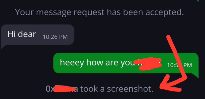 A dark-themed text message exchange where one user sent 'Hi dear' at 10:26 PM and the other replied 'heeey how are you' at 10:5x PM, with the system noting that '0x... took a screenshot', indicated by a red arrow.