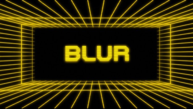 A retro neon "BLUR" logo framed by glowing yellow grid lines on a black background, evoking the 1980s aesthetic often used in the NFT marketplace's marketing. The post announces that Blur, once Ethereum's leading NFT marketplace, is shutting down on November 12 due to a 99.5% drop in trading volume from its 2023 peak.